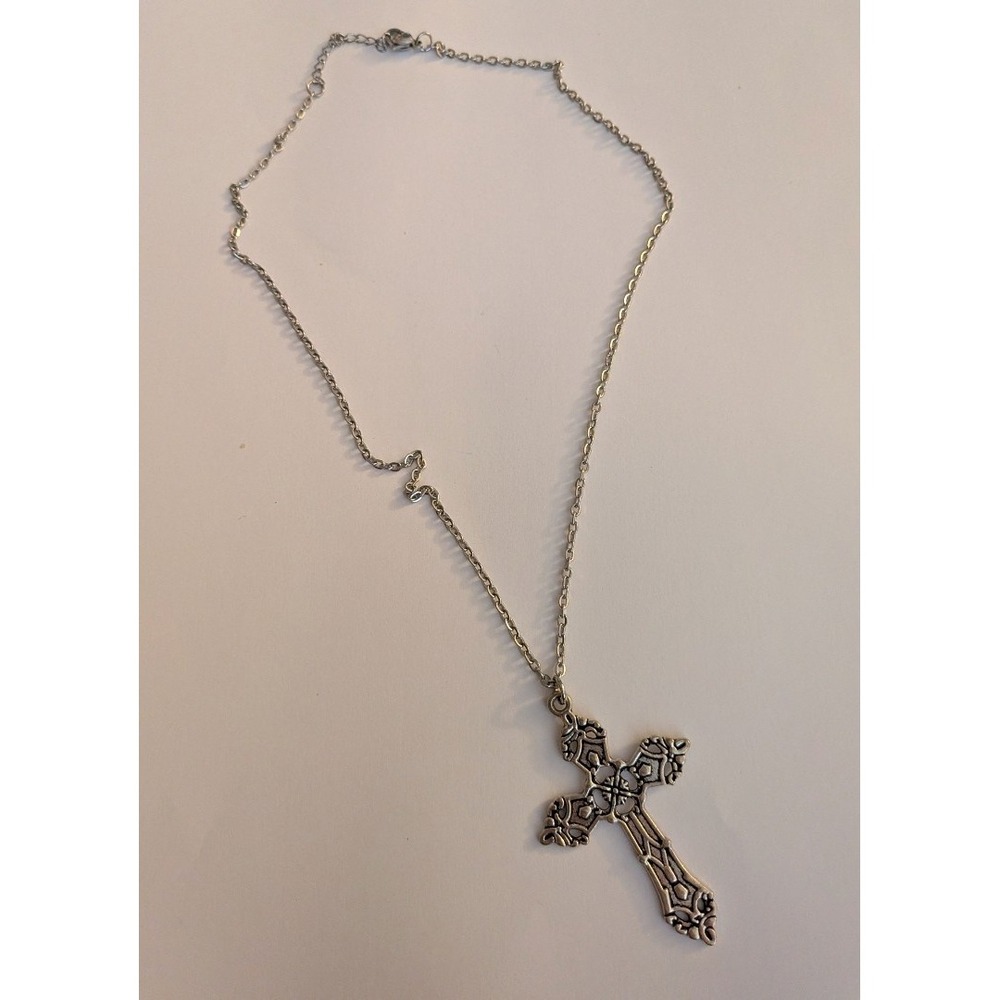 Silver Ornate Filigree Cross Pendant Necklace Gothic Vintage Style Jewelry
